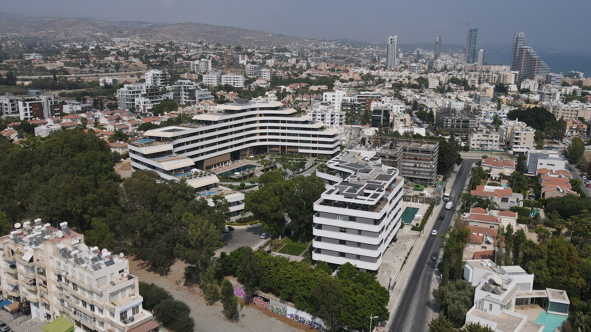 Drone photo of UHA designed Eden Roc in Limassol Cyprus built by BBF