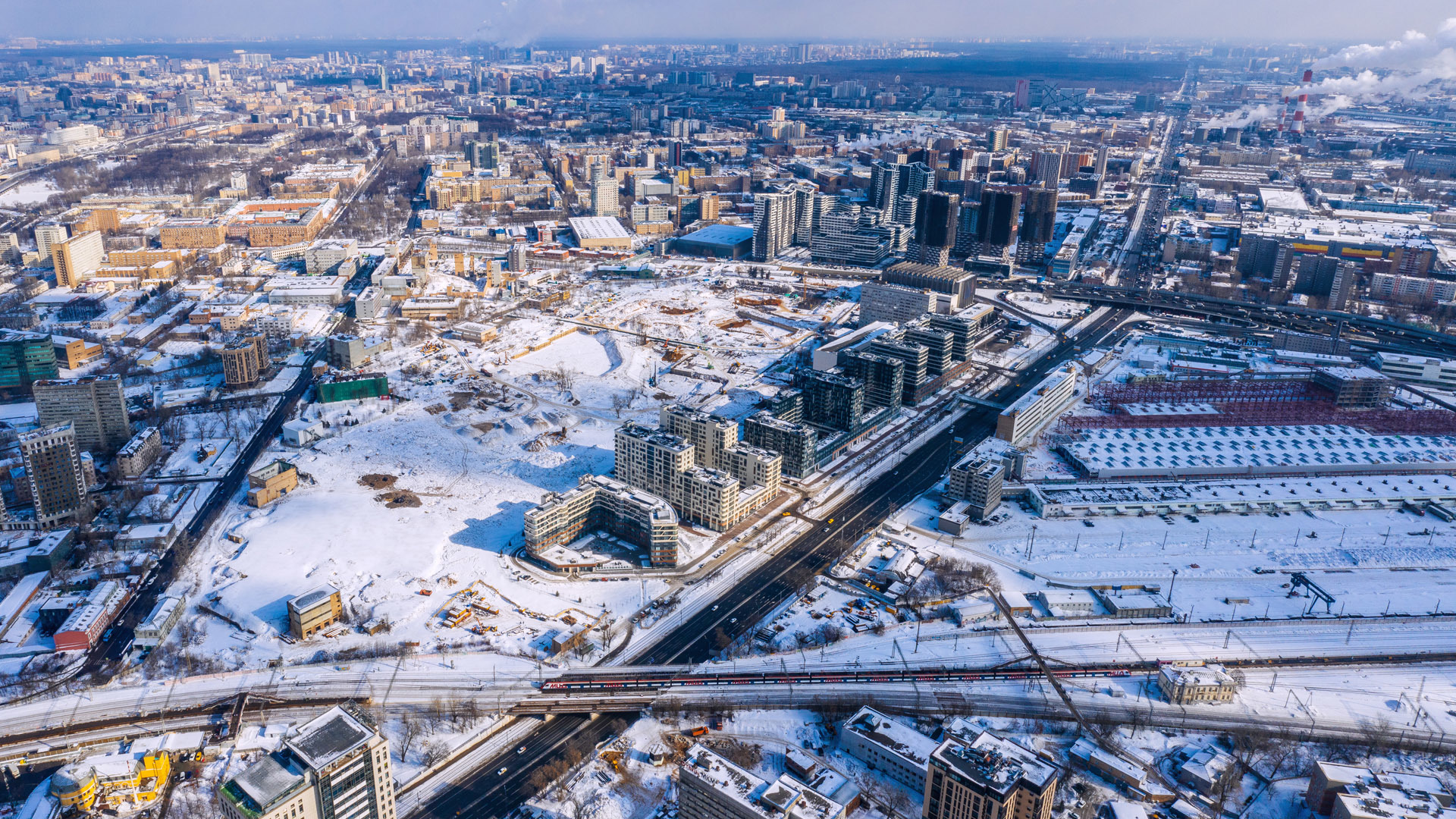 Winter Drone overview of UHA designed Serp & Molot development in Moscow Russia, Masterplan built by Donstroy Invest
